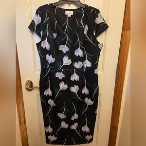 Jaclyn Smith Black Midi Dress with White and Blue Floral Design